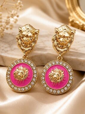 Luxury Lion Head Pink Enamel Drop Earrings | Gold Rhinestone Statement Earrings